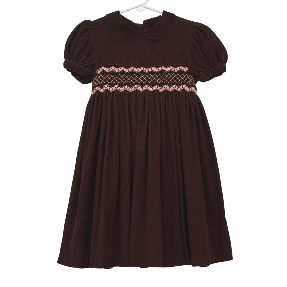 Mom Me Girls Dress 4 Brown Corduroy Smocked Floral Peter Pan Collar Cottage VTG